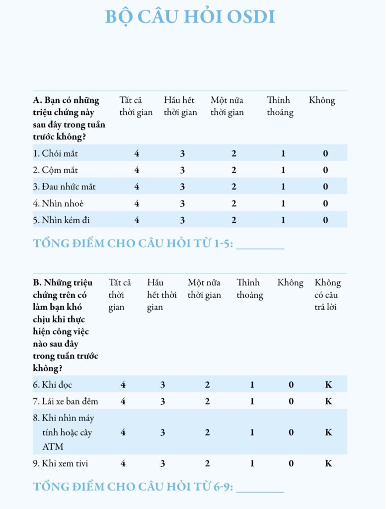 Bảng câu hỏi OSDI đánh giá triệu chứng khô mắt tại Bến Tre