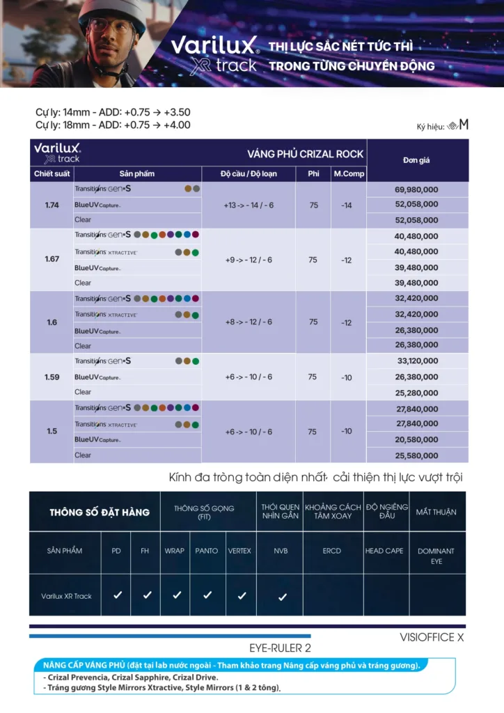 Bảng giá tròng đa tròng Essilor Varilux XR Track 2026