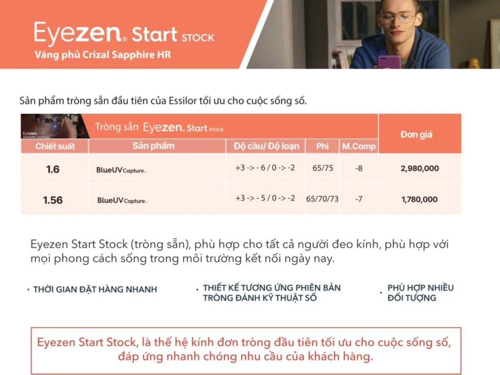 Bảng giá tròng kính đơn tròng Essilor Eyezen Start Stock Crizal Sapphire HR 2026