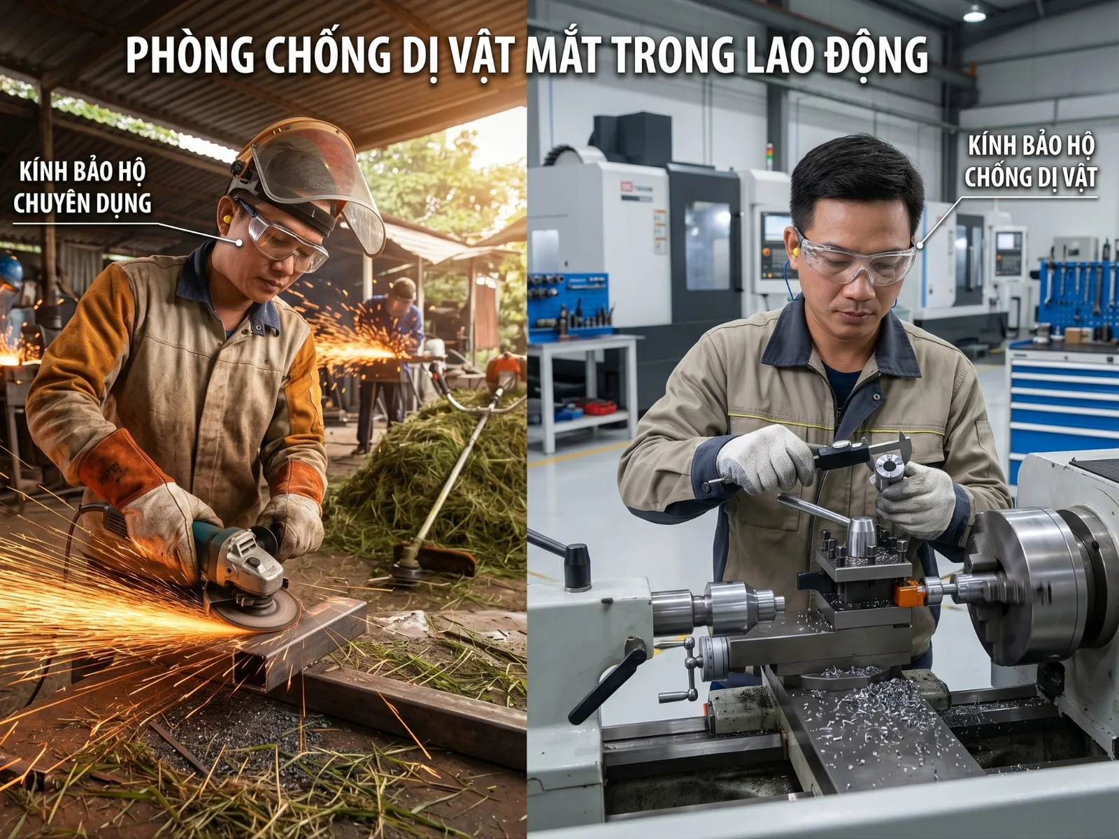 Đeo kính bảo hộ giúp phòng ngừa dị vật mắt khi làm việc tại Bến Tre