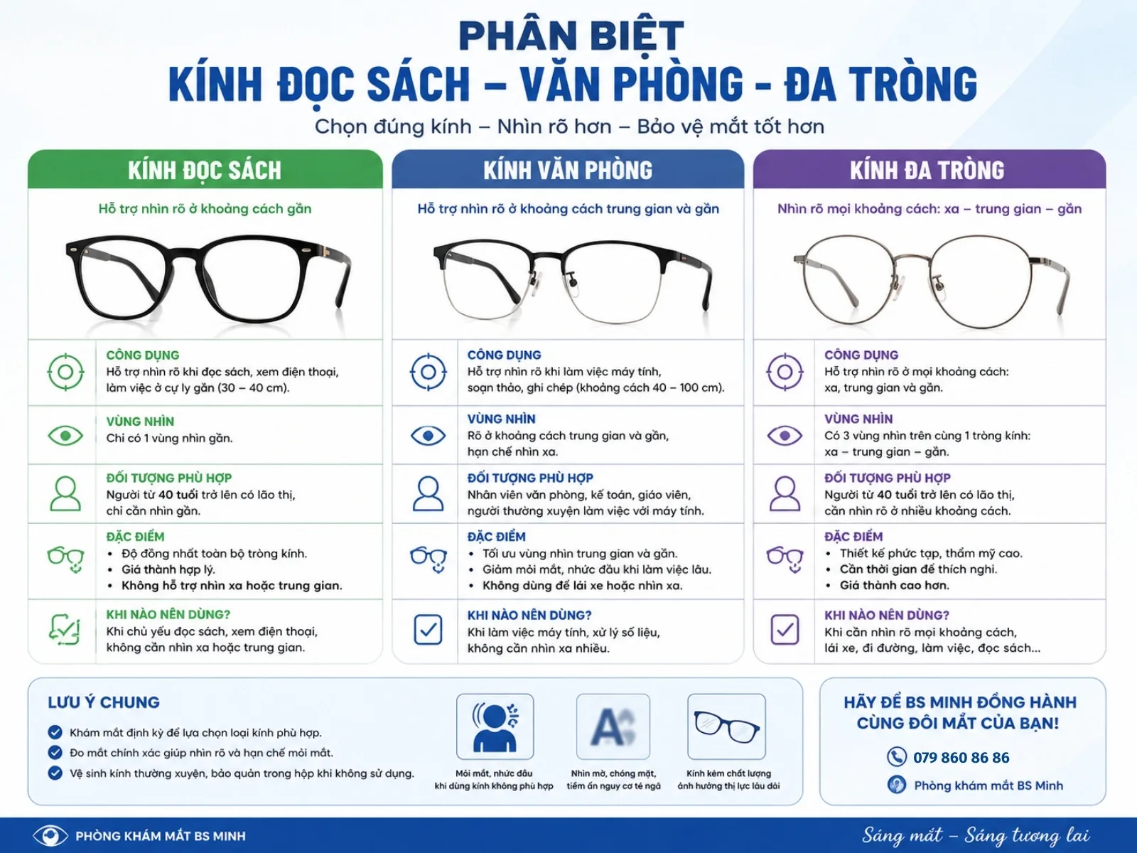 Phân biệt kính đọc sách - văn phòng - đa tròng