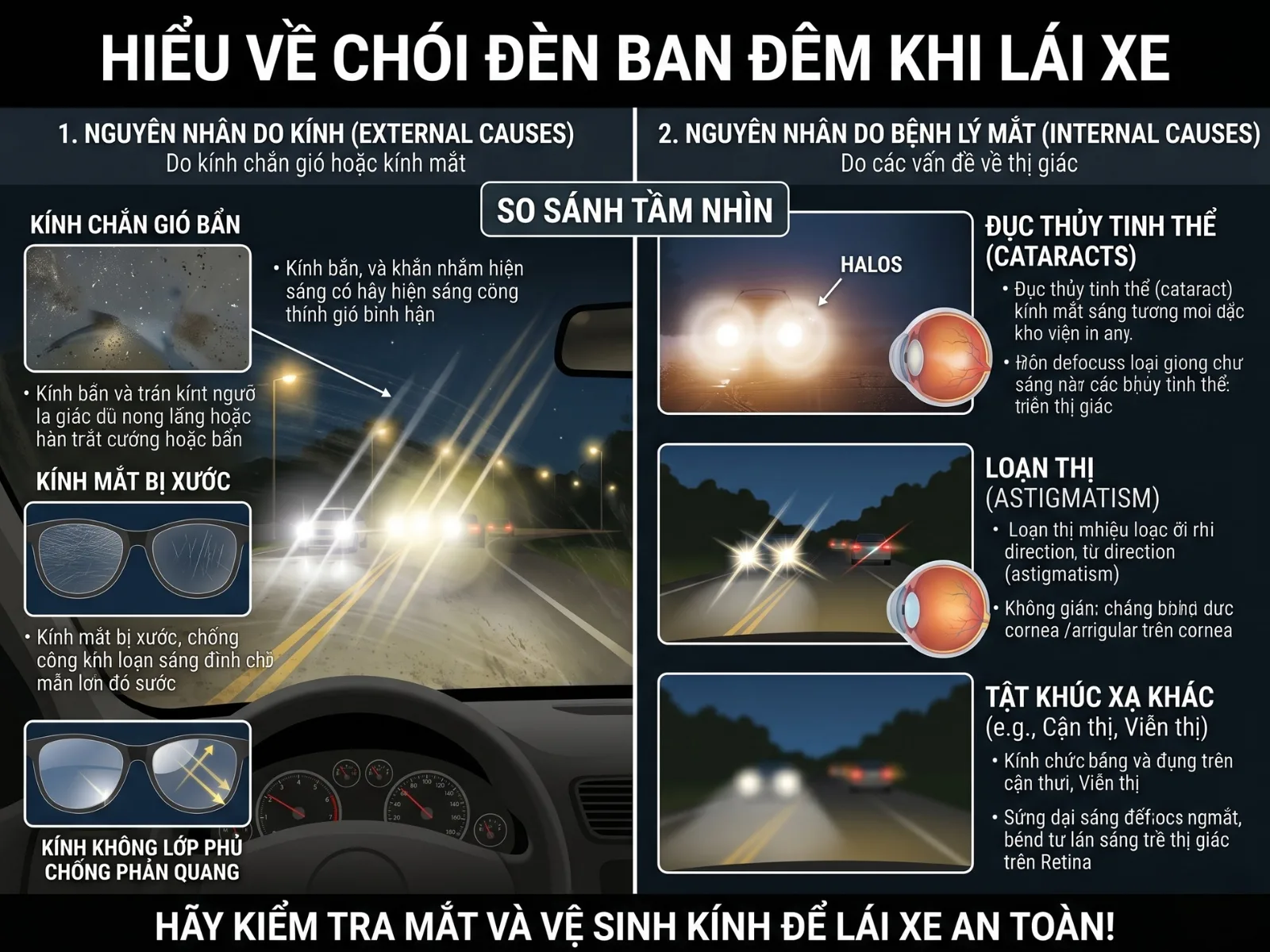 Chói đèn ban đêm khi lái xe do kính hay bệnh mắt