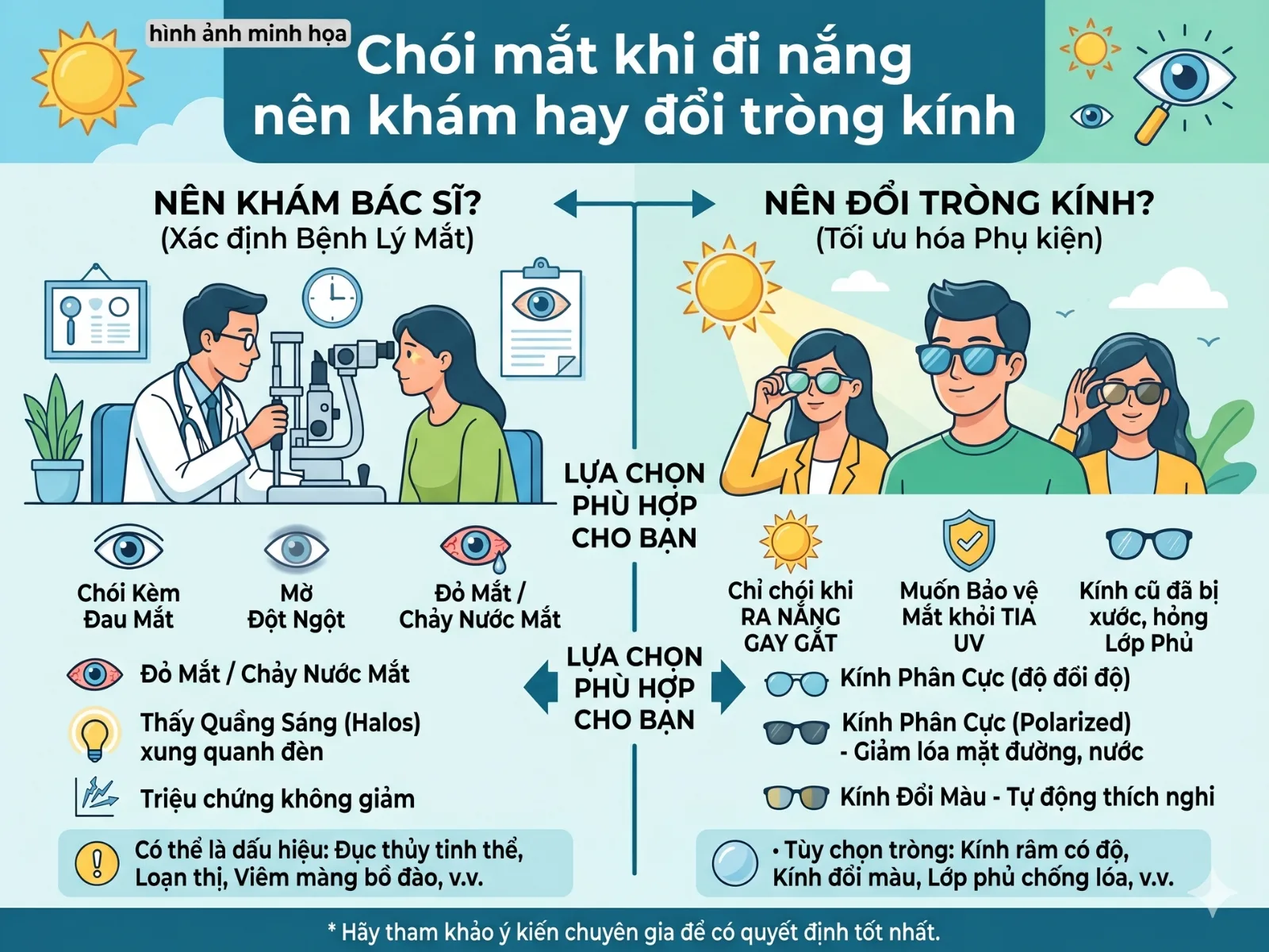Chói mắt khi đi nắng nên khám hay đổi tròng kính