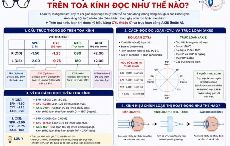Độ loạn và trục loạn trên toa kính đọc như thế nào?