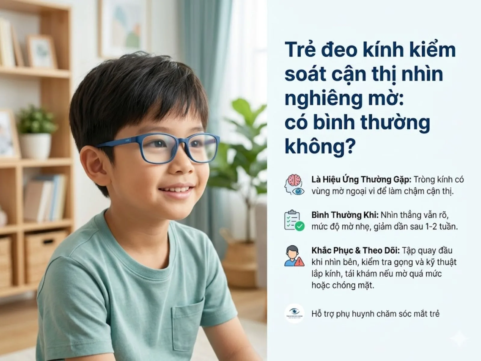 Trẻ đeo kính kiểm soát cận thị nhìn nghiêng mờ: có bình thường không?