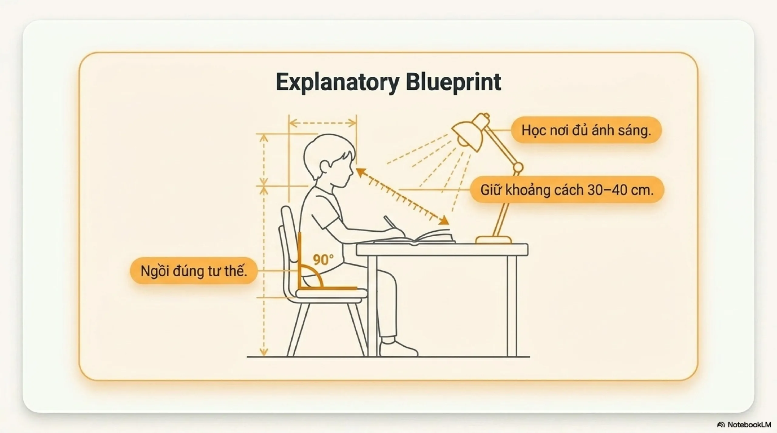 Góc học tập cho trẻ cận thị với ánh sáng đủ, tư thế ngồi đúng và khoảng cách 30 đến 40 cm